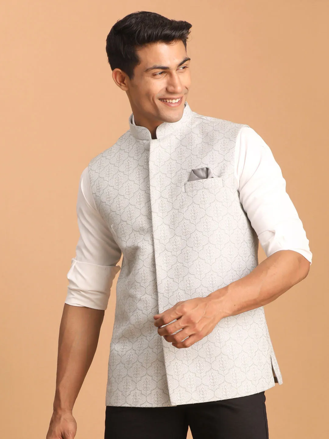 Jashvi Men's Grey Jacquard Silk Blend Printed Jacket