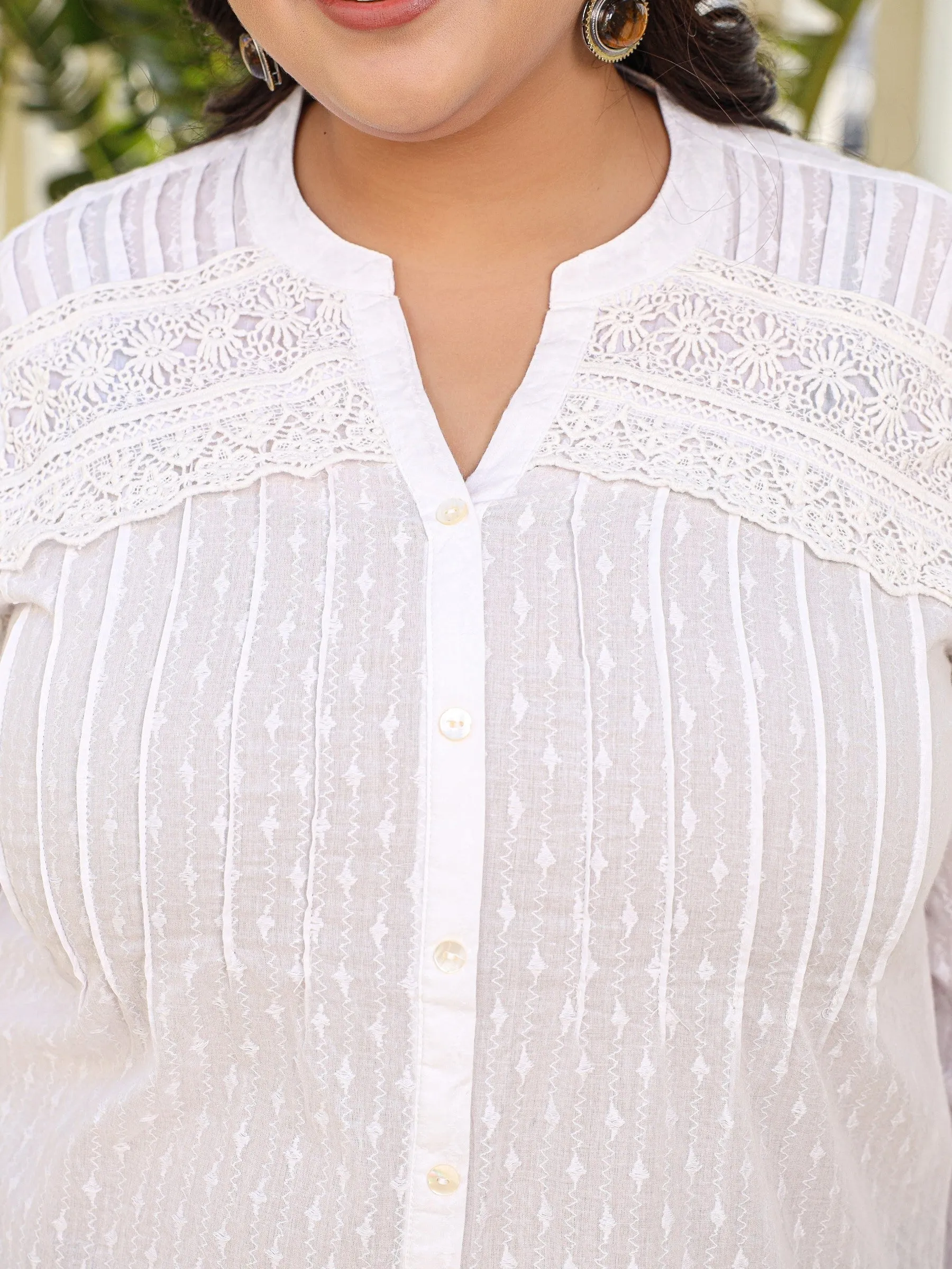 Jashvi The Rooh Women White Solid Cotton Dobby High- Low Lacy Plus Size Tunic With Pin Tucks & Broad Cuffs