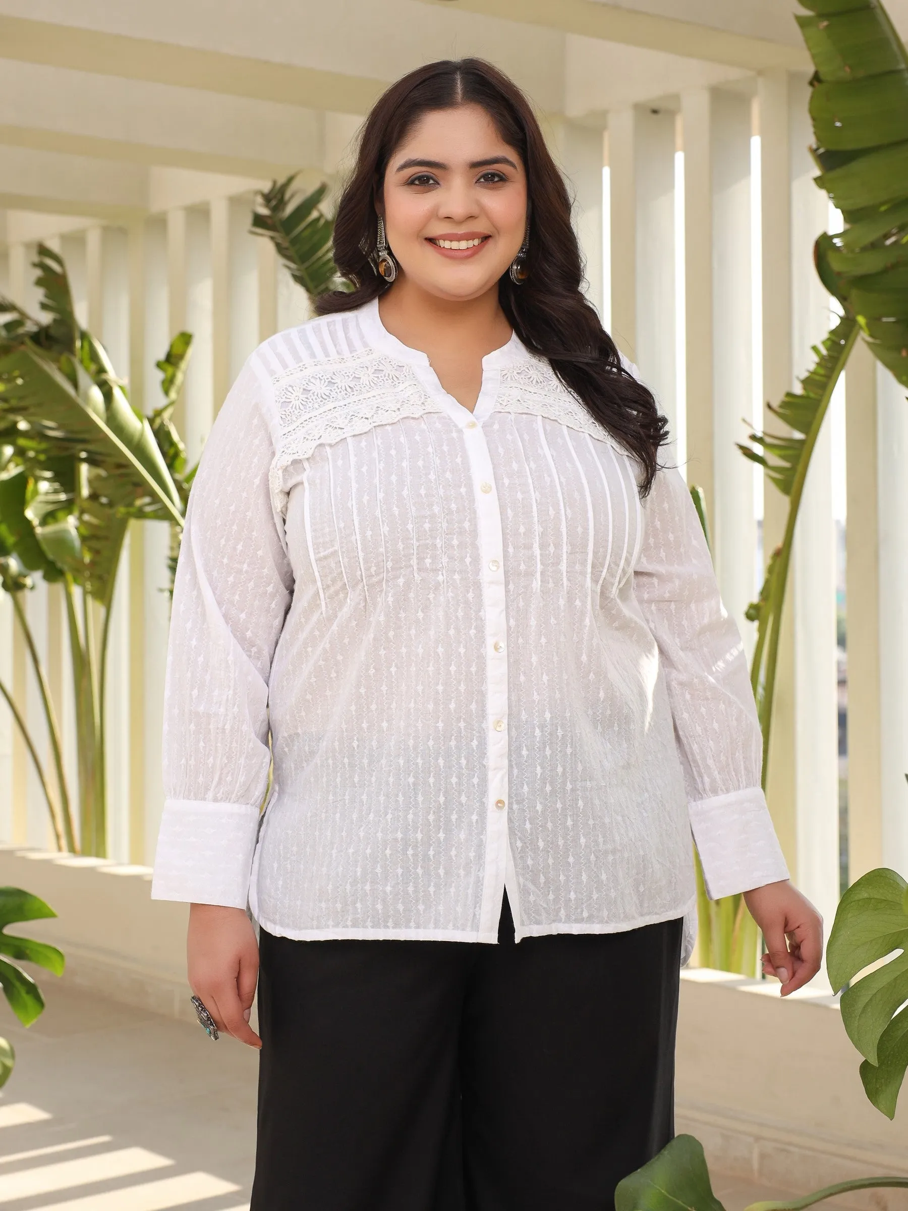 Jashvi The Rooh Women White Solid Cotton Dobby High- Low Lacy Plus Size Tunic With Pin Tucks & Broad Cuffs