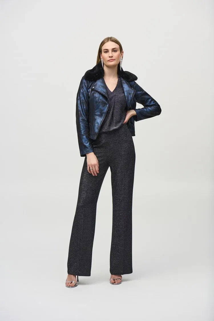 Joseph Ribkoff Blue/Black Foiled Suede Jacket with Faux-Fur Collar