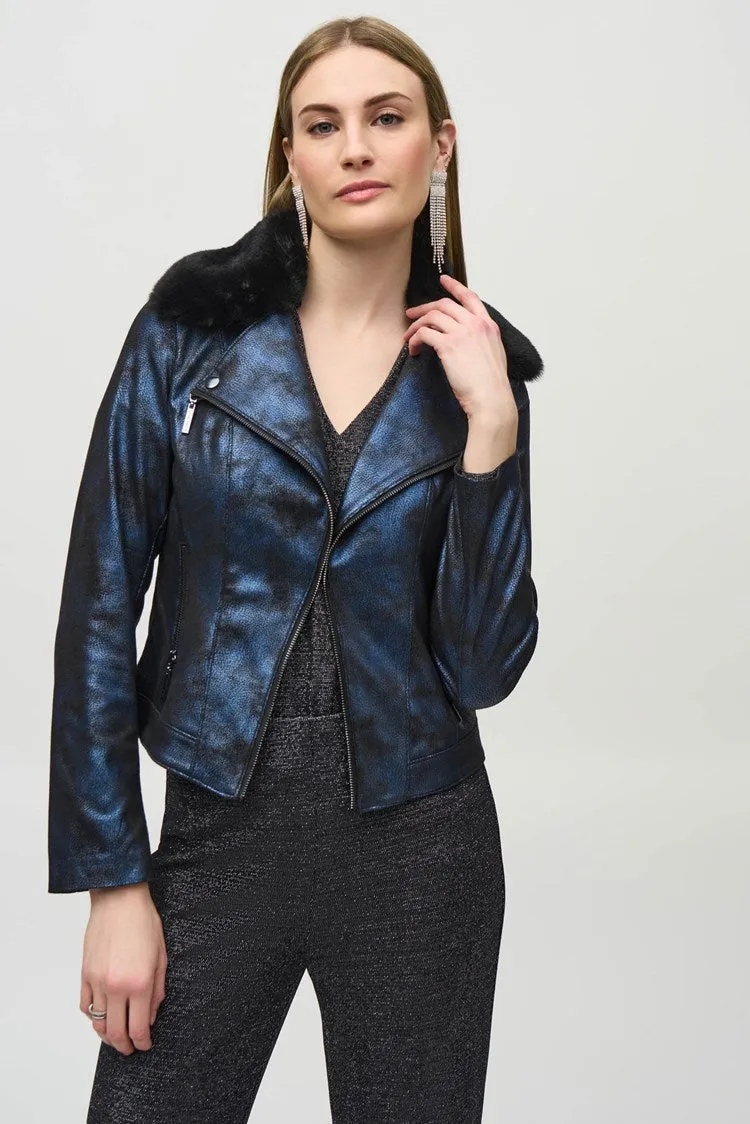 Joseph Ribkoff Blue/Black Foiled Suede Jacket with Faux-Fur Collar