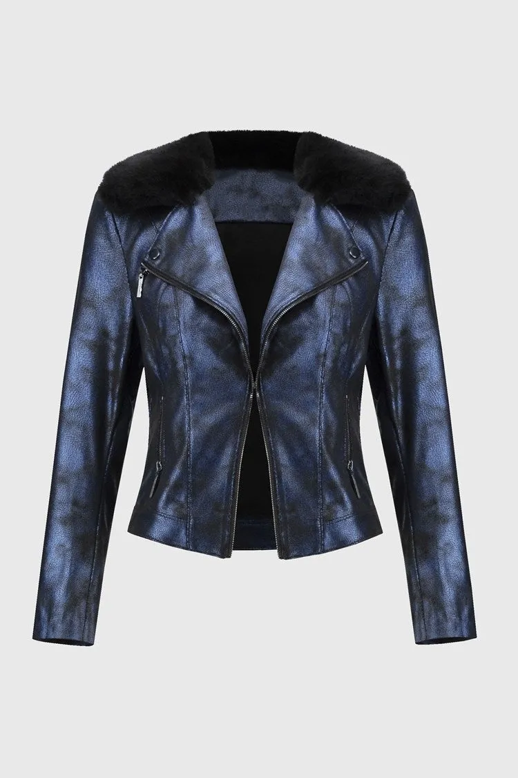 Joseph Ribkoff Blue/Black Foiled Suede Jacket with Faux-Fur Collar