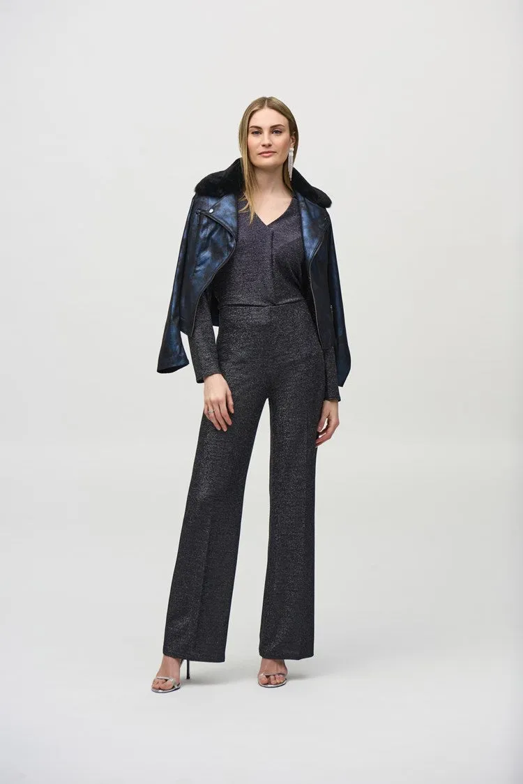 Joseph Ribkoff Blue/Black Foiled Suede Jacket with Faux-Fur Collar