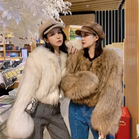 Joskaa Christmas Gift Women's fur coat new style short imitating fox and raccoon fur trumpet sleeves fashion western style thick fur coat coat women