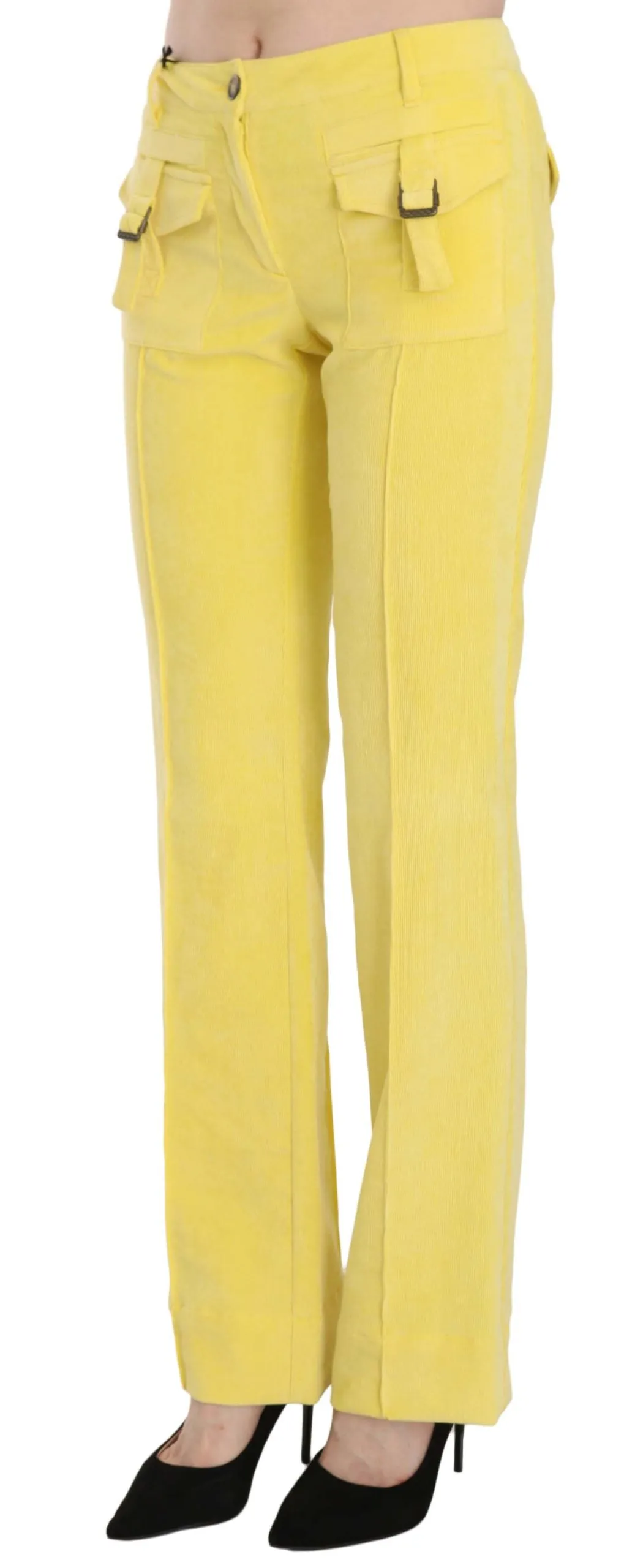 Just Cavalli Yellow Corduroy Mid Waist Straight Trousers Pants