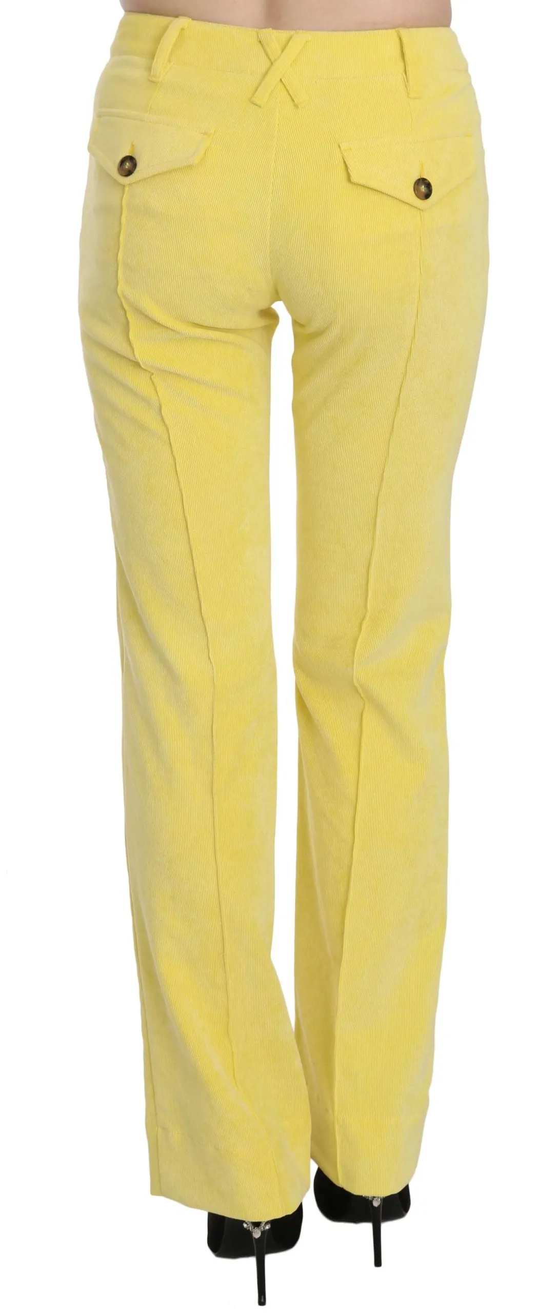 Just Cavalli Yellow Corduroy Mid Waist Straight Trousers Pants