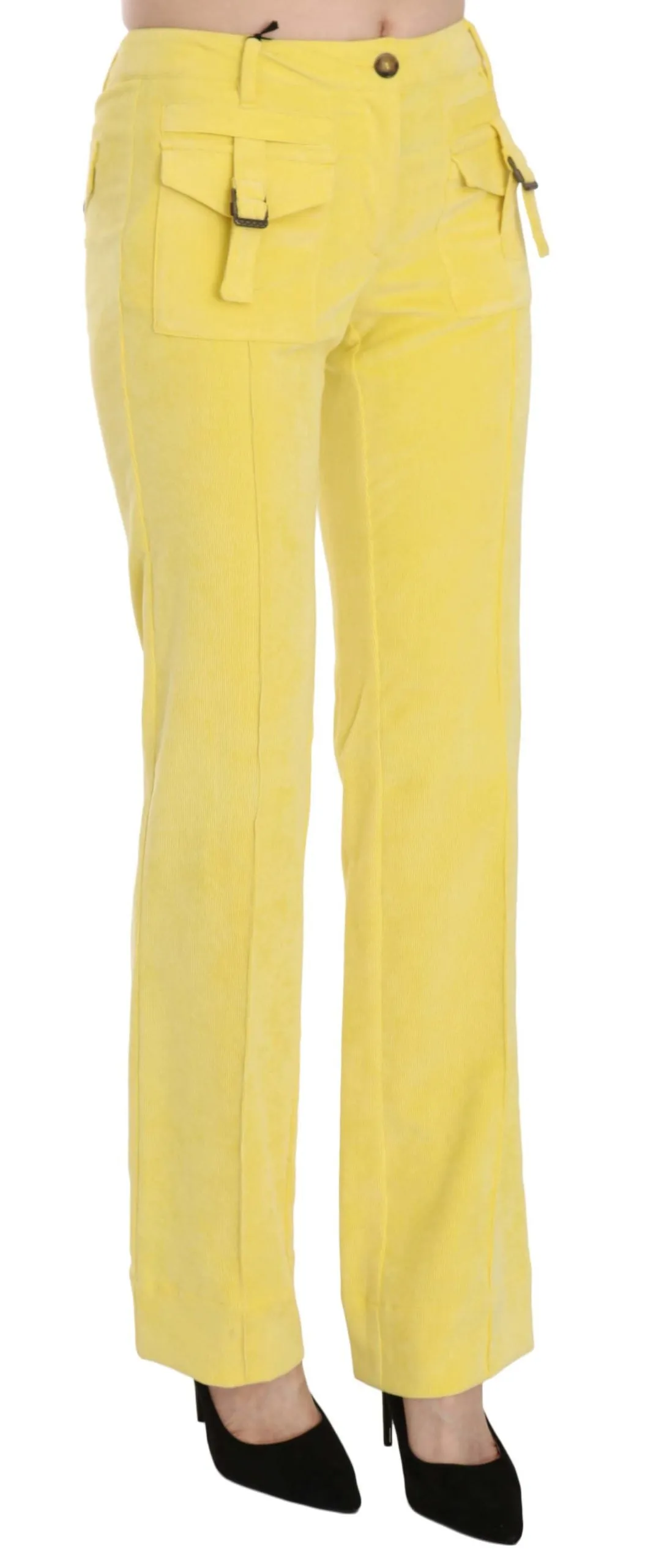 Just Cavalli Yellow Corduroy Mid Waist Straight Trousers Pants