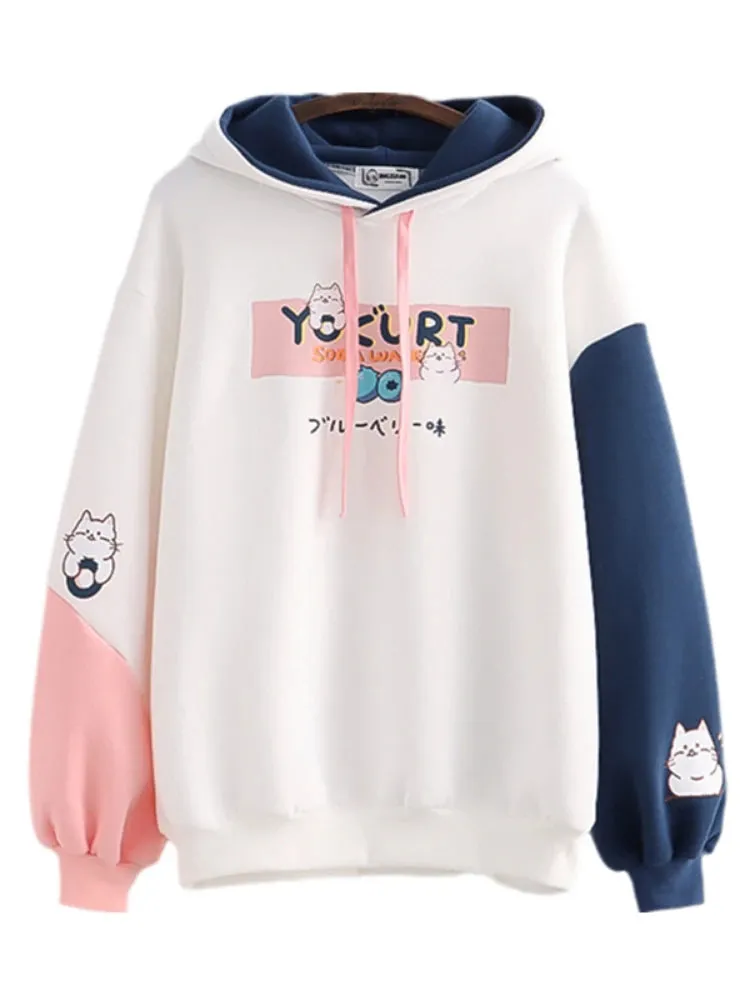 Kawaii Cat Print Women Hoodies Spring Long Sleeve Drawstring Cotton Hooded Sweatshirt Female Harajuku Cute Pullover Tops