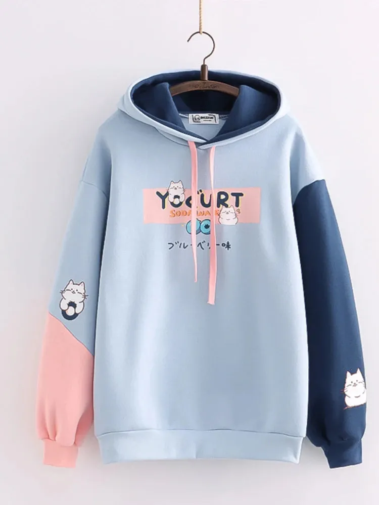 Kawaii Cat Print Women Hoodies Spring Long Sleeve Drawstring Cotton Hooded Sweatshirt Female Harajuku Cute Pullover Tops