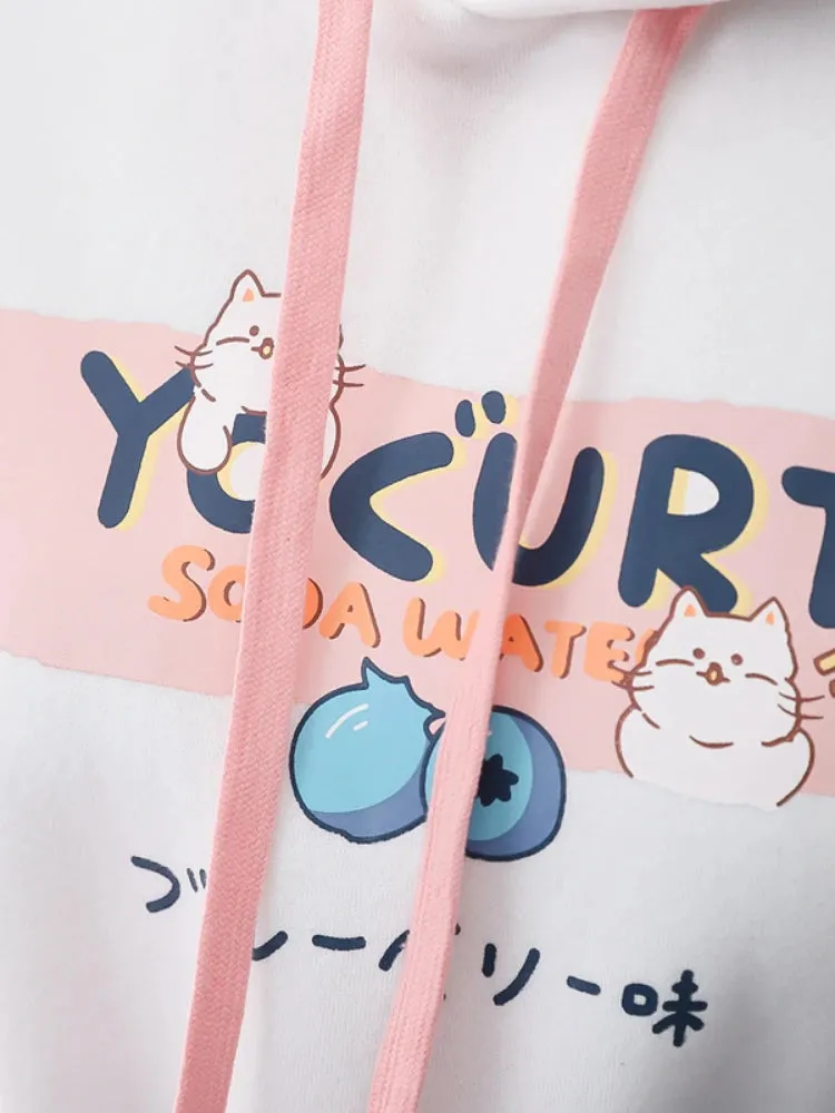 Kawaii Cat Print Women Hoodies Spring Long Sleeve Drawstring Cotton Hooded Sweatshirt Female Harajuku Cute Pullover Tops