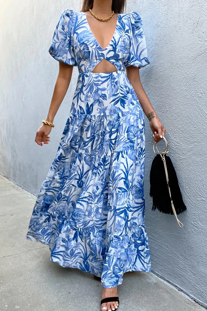 Kiah blue floral tiered dress