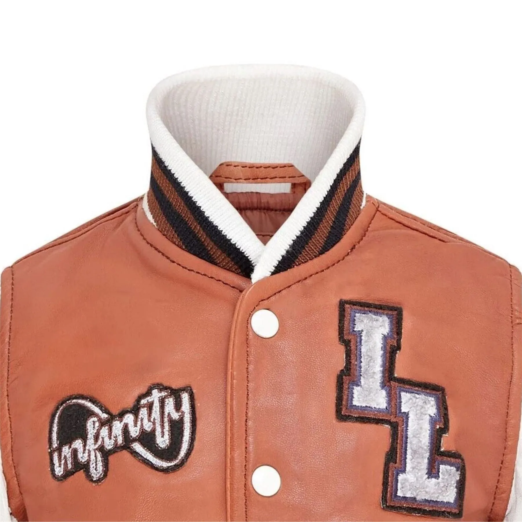 Kids Tan Brown Genuine Leather Bomber Jacket Baseball Letterman Coat