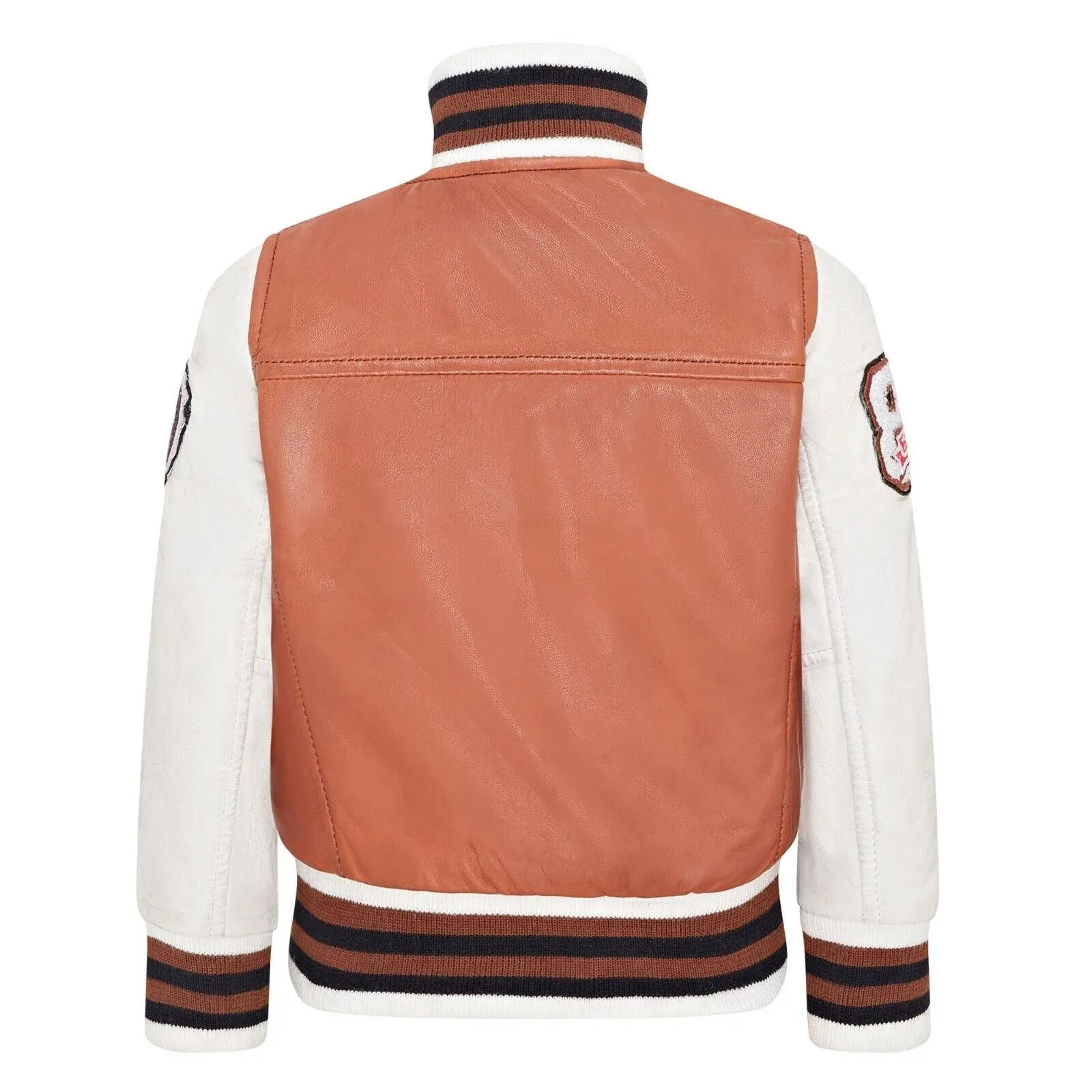 Kids Tan Brown Genuine Leather Bomber Jacket Baseball Letterman Coat