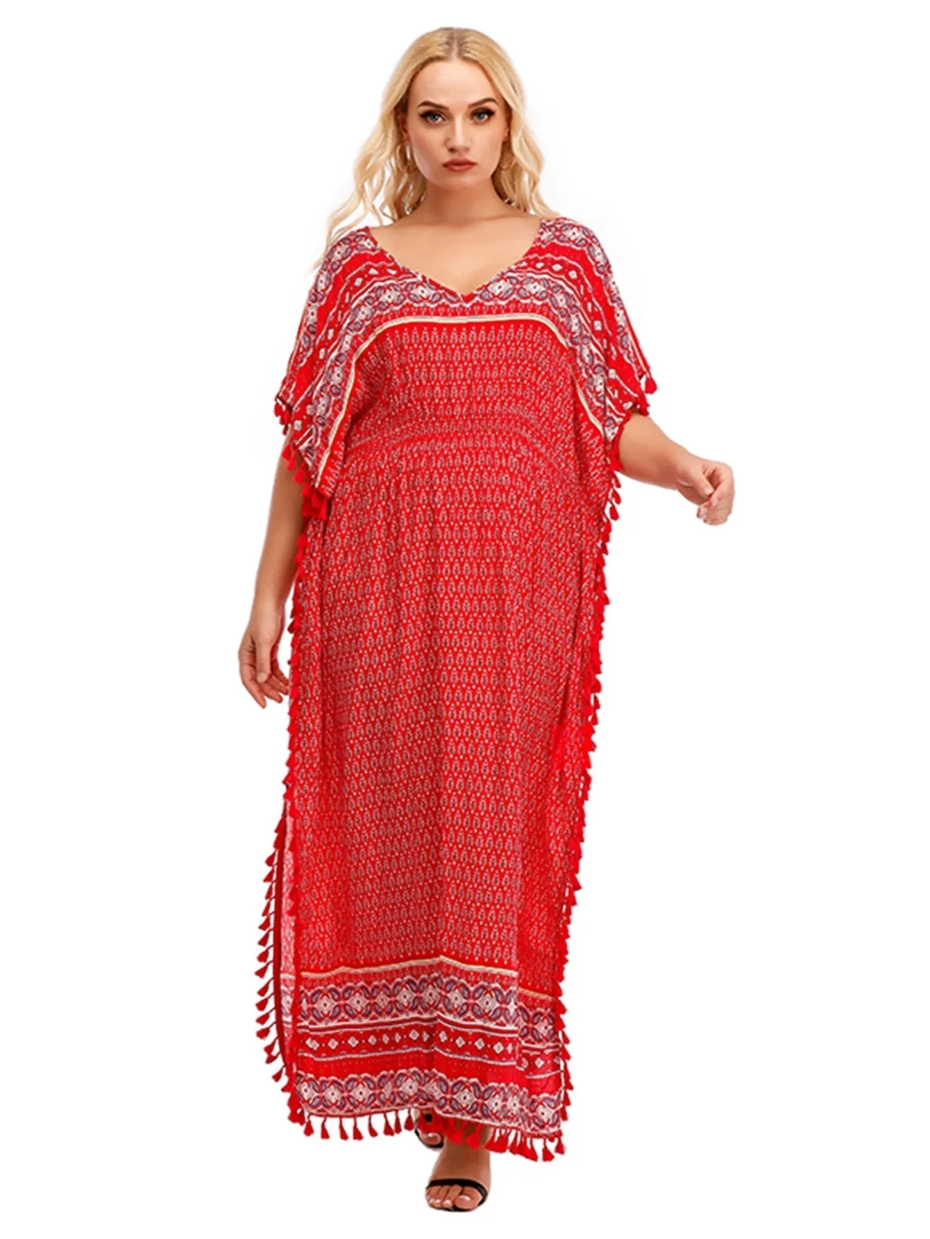 KittenAlarm - Onesize Boho Print Elastic Waist Dress With Tassel Detail