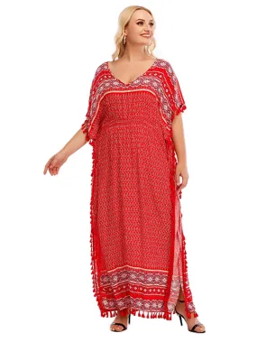 KittenAlarm - Onesize Boho Print Elastic Waist Dress With Tassel Detail