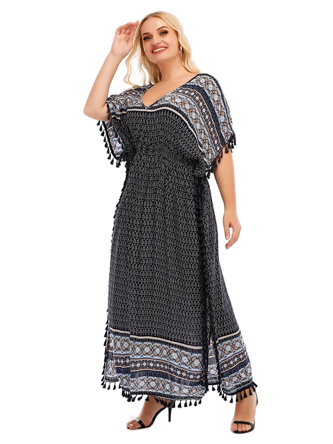 KittenAlarm - Onesize Boho Print Elastic Waist Dress With Tassel Detail