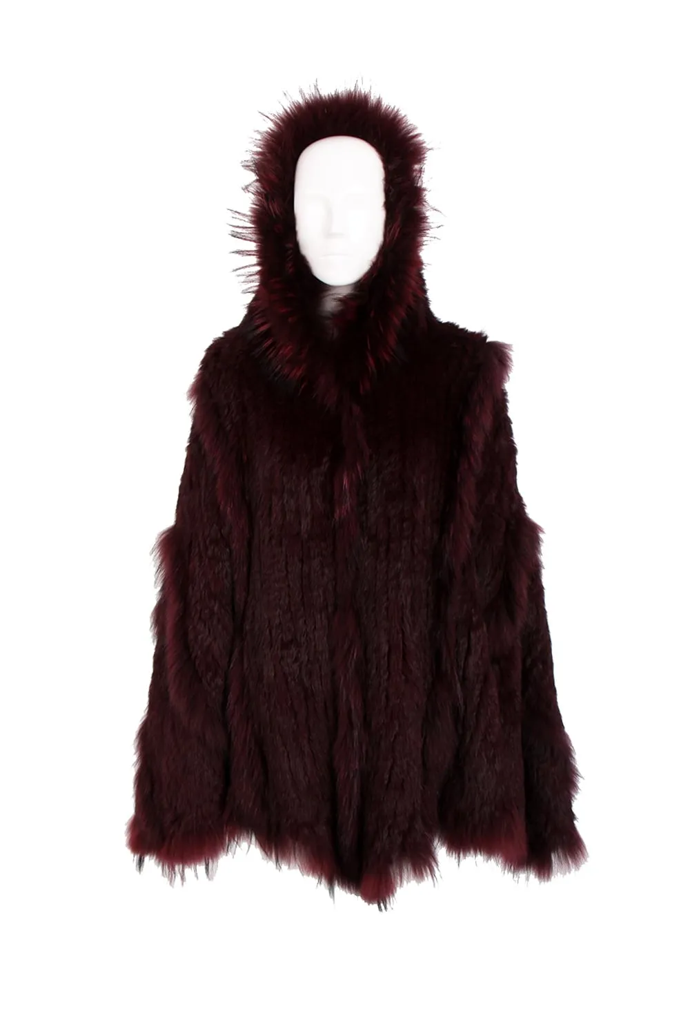 Knitted Rabbit Fur Hooded Swing Cape Poncho