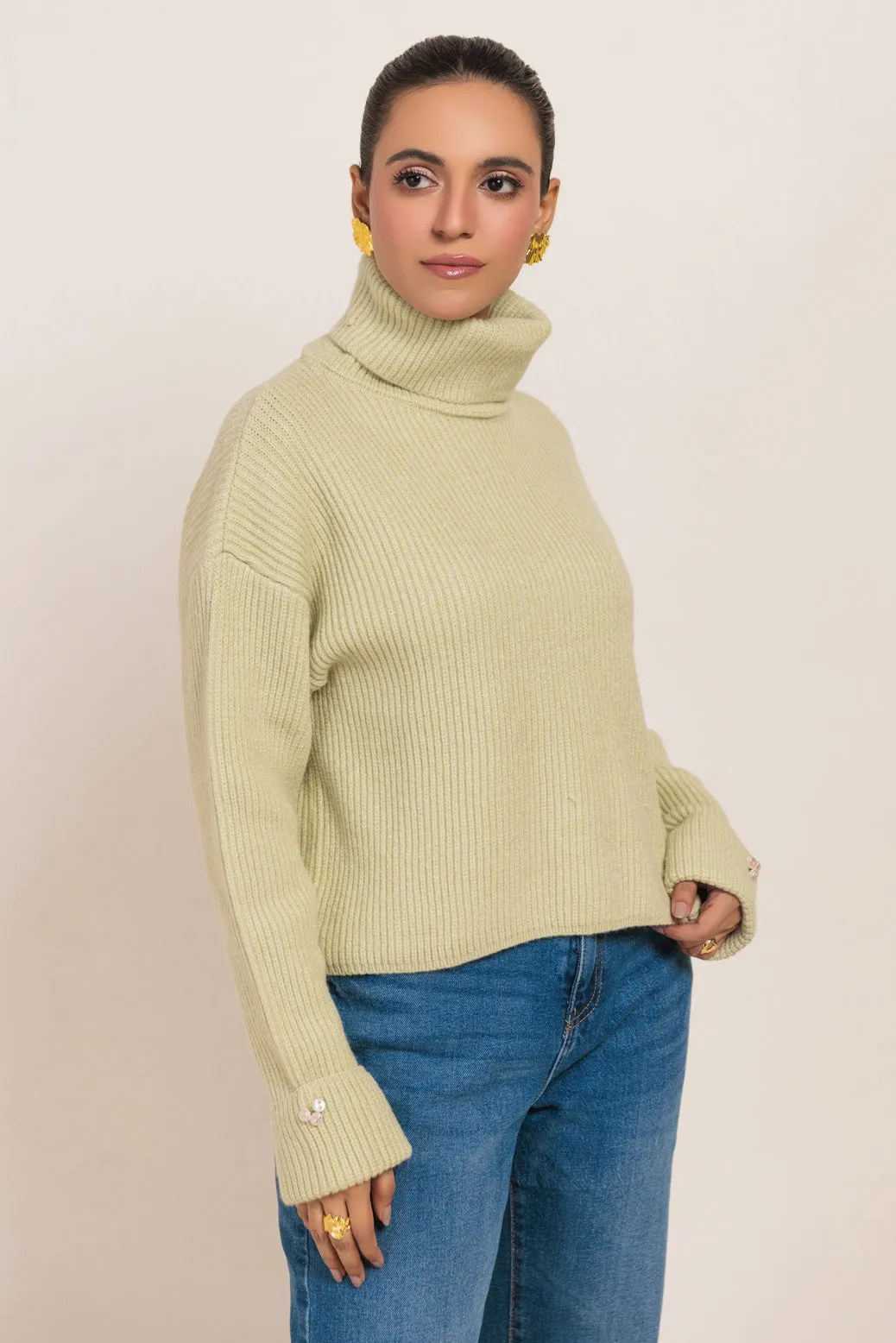 L-GREEN-HIGH NECK FULL SLEEVES CROP BOXY DROP SHOULDER SWEATER (24X-001-66)