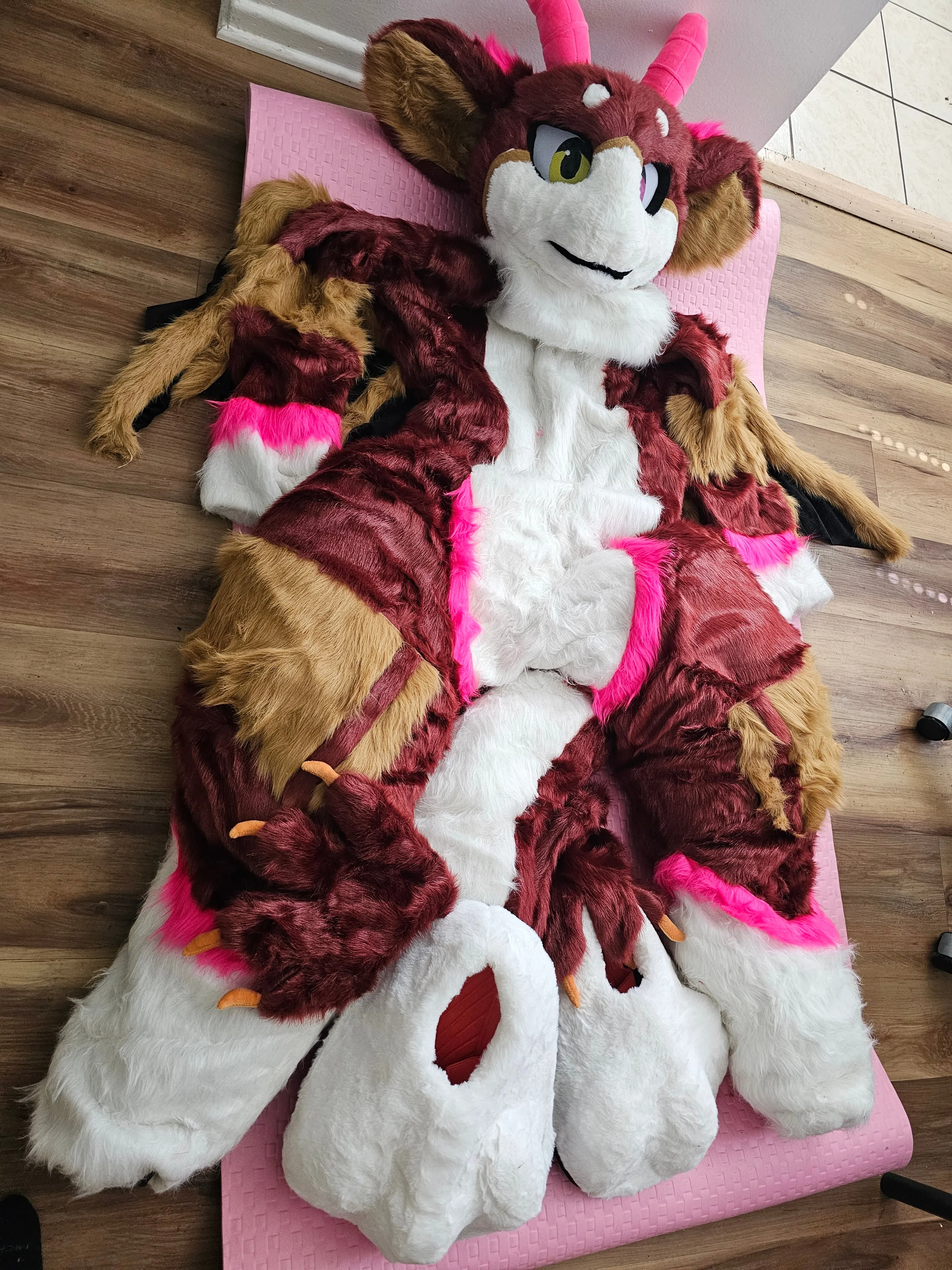 LA Pick UP/Ship Wine Red Horn Cat Furry Dragon Fursuit Costumes Suit Size S/M