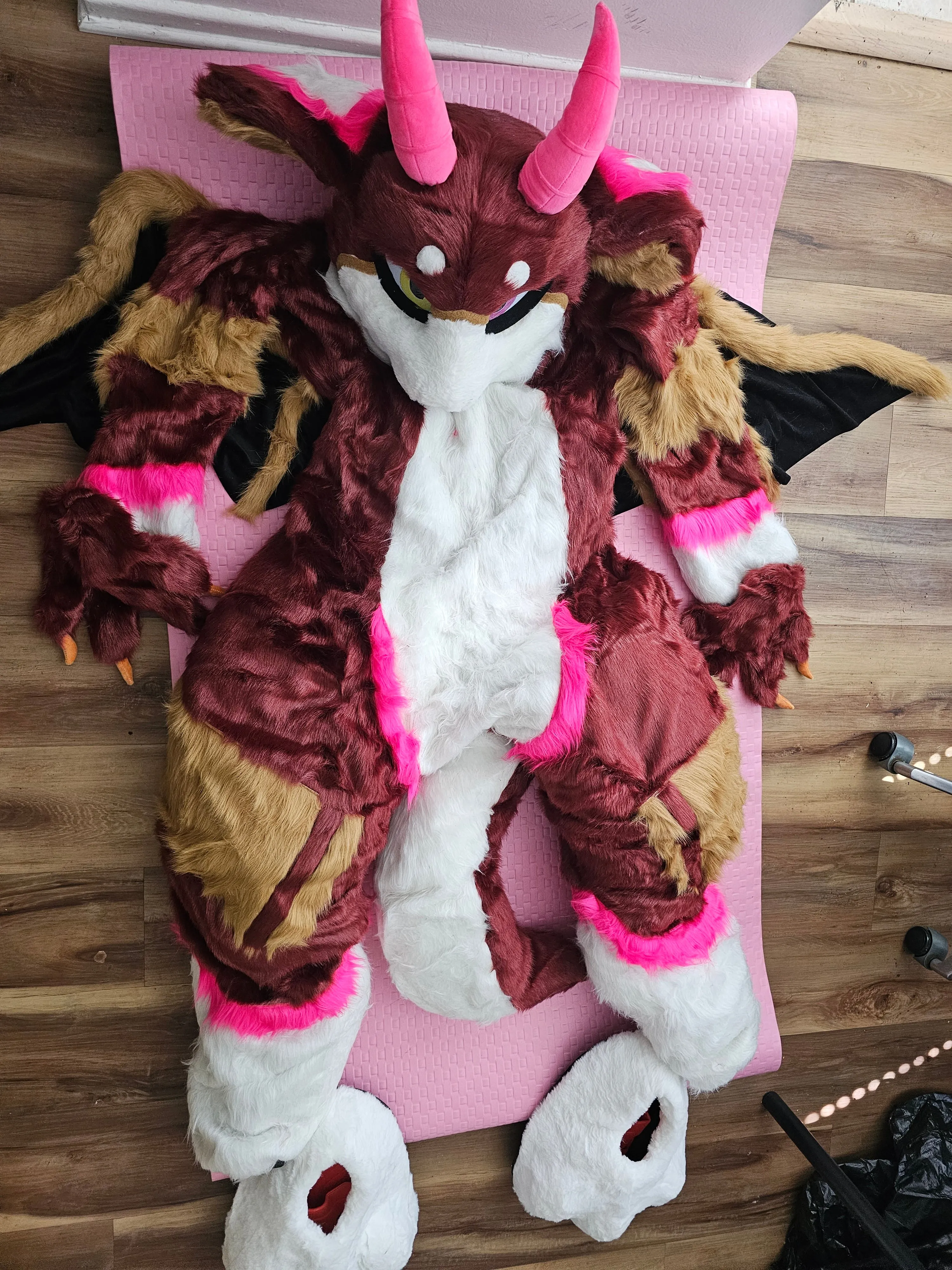 LA Pick UP/Ship Wine Red Horn Cat Furry Dragon Fursuit Costumes Suit Size S/M