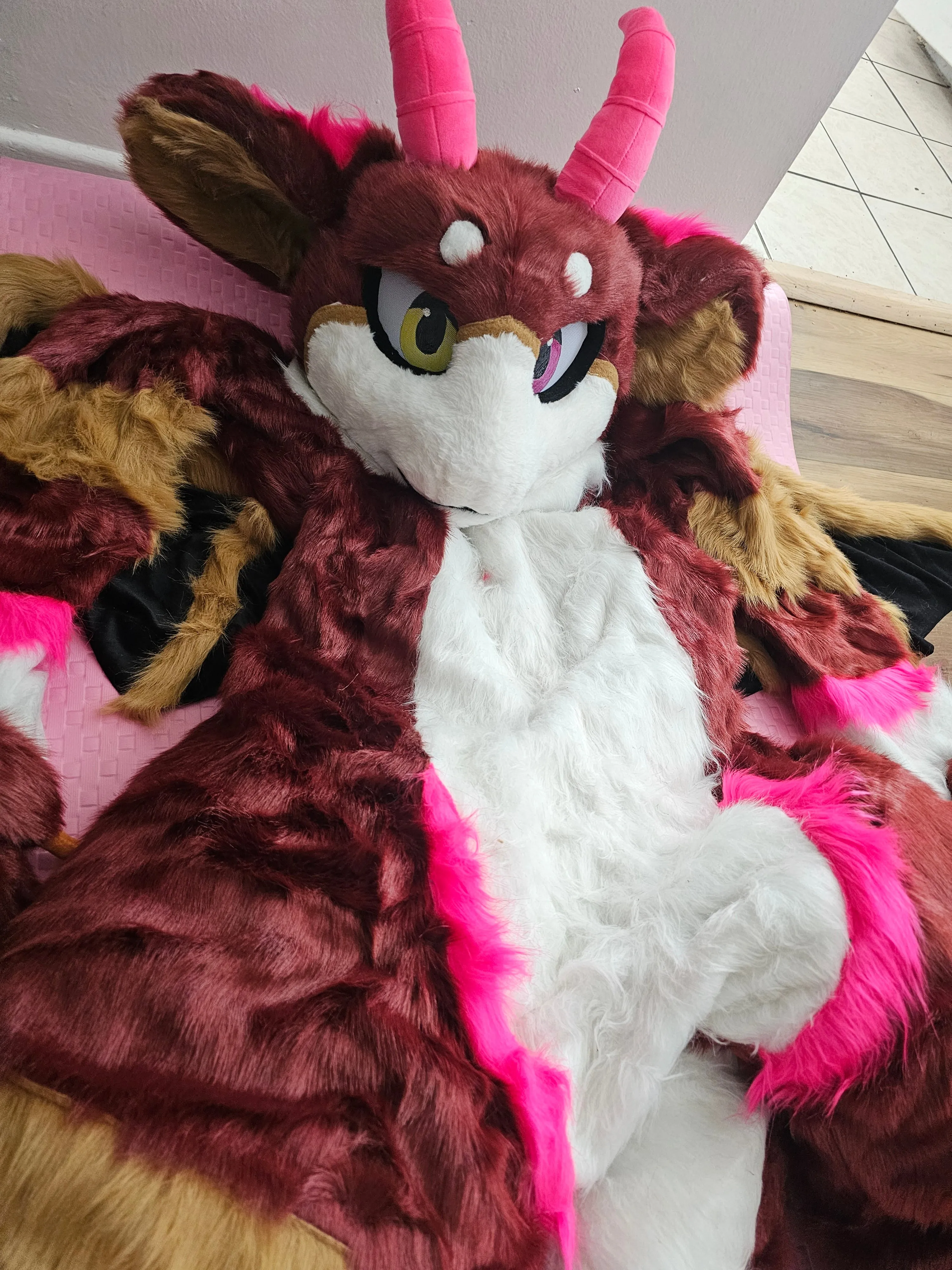 LA Pick UP/Ship Wine Red Horn Cat Furry Dragon Fursuit Costumes Suit Size S/M