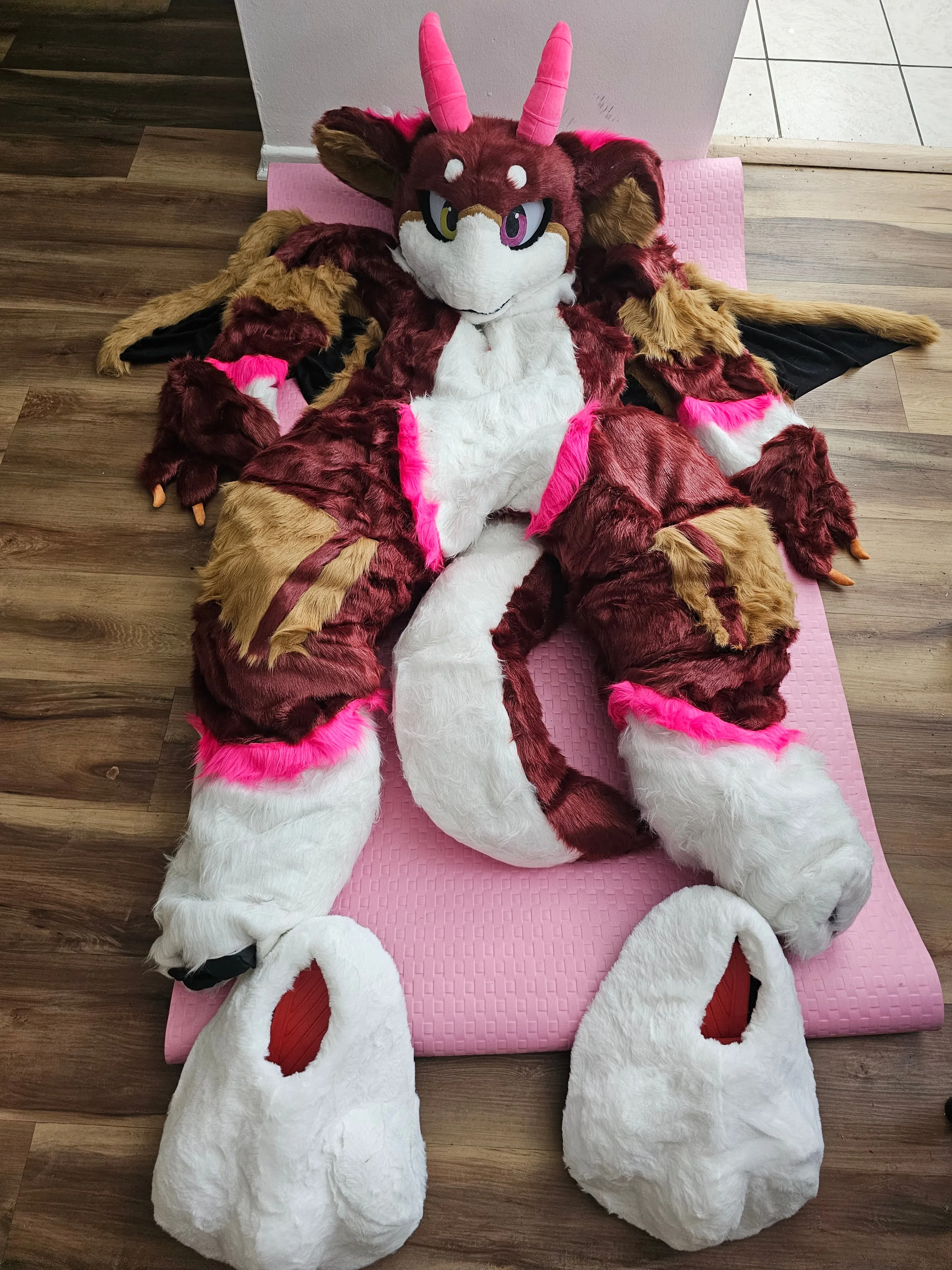 LA Pick UP/Ship Wine Red Horn Cat Furry Dragon Fursuit Costumes Suit Size S/M