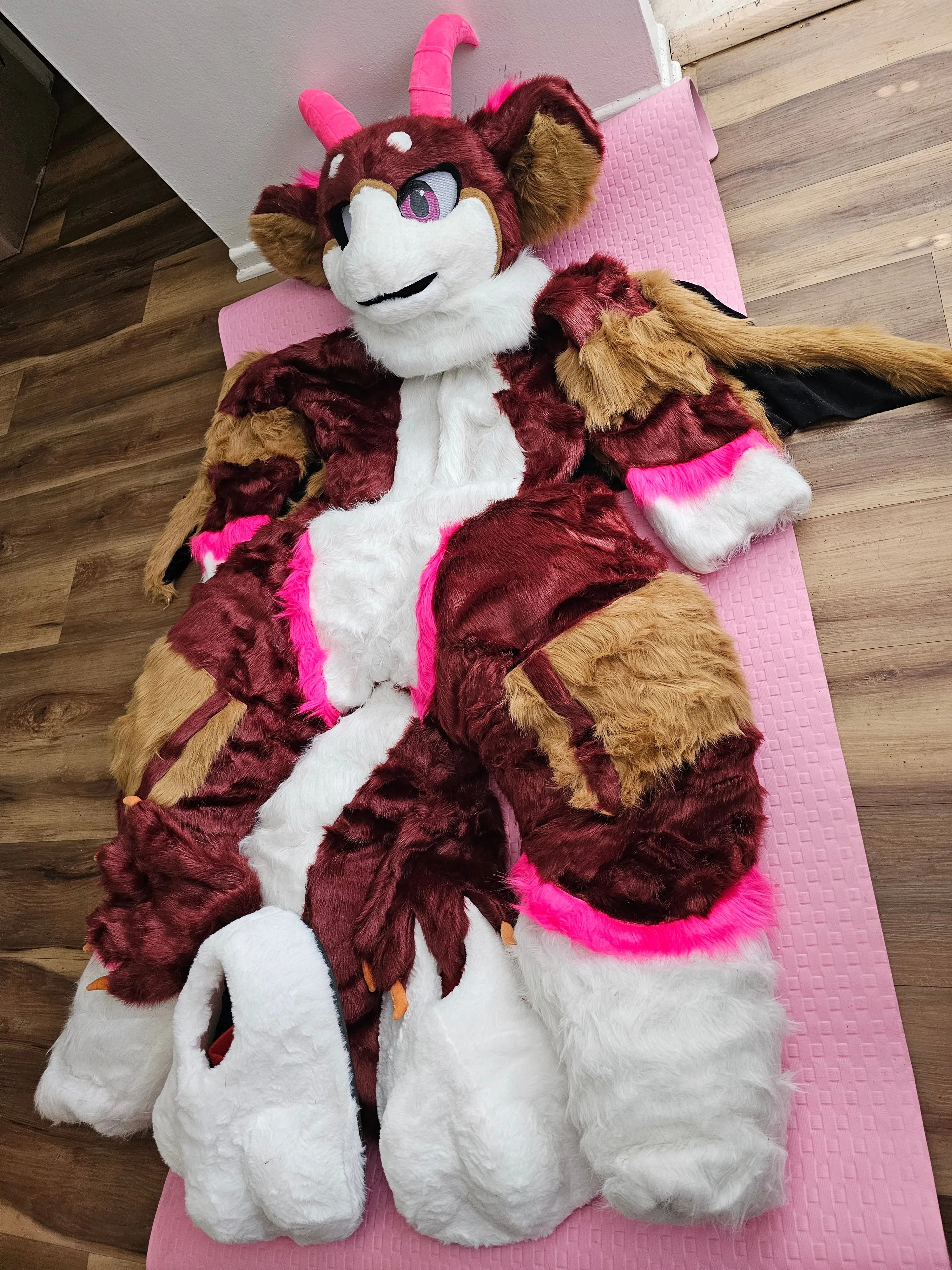 LA Pick UP/Ship Wine Red Horn Cat Furry Dragon Fursuit Costumes Suit Size S/M