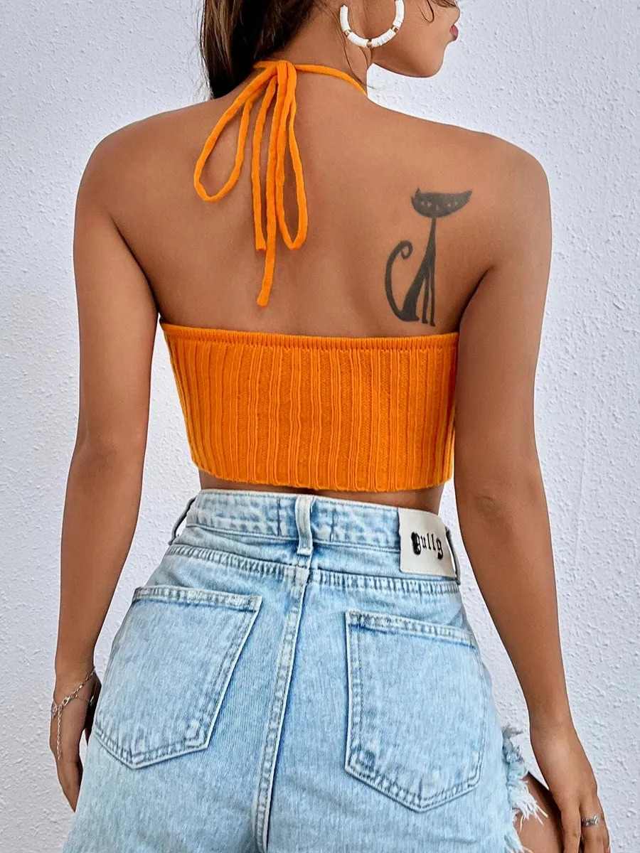 LANFUBEISI New Summer Women Cut Out Tie Backless Halter Neck Knit Crop Top Femme Sleeveless Sexy High Stretch Cropped Sweater Tank Clothes