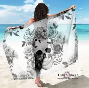 Large Sheer Black and White Watercolor Flower Skull Scarf, Sarong, Shawl