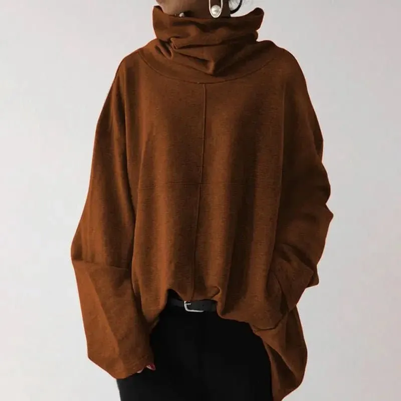 Large Size High-Neck Sweater for Women with Pockets - Loose Fit