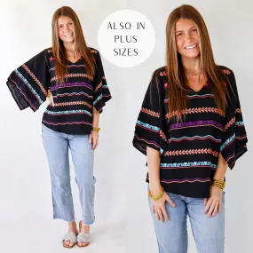 Last Chance Size Small| Boho Boardwalk Embroidered Tribal Striped Top in Black