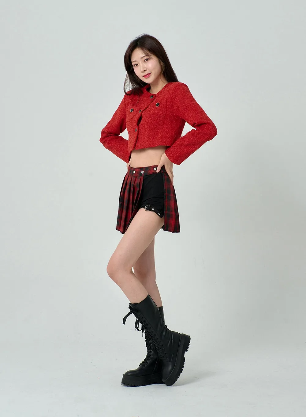 Layered Plaid Pleated Mini Skirt And Short Pants BN22