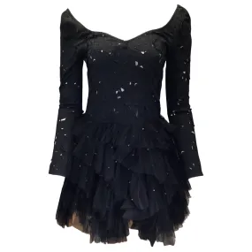 Leo Lin Black Rhinestone Embellished Mesh Tulle Skirt Floral Lace Mini Dress