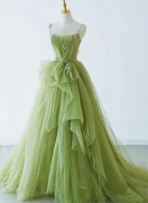 Light Green Tulle Beaded Long Prom Dress, Light Green Evening Dress