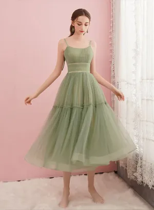 Light Green Tulle Straps Tea Length Party Dress, Light Green Tulle Homecoming Dress