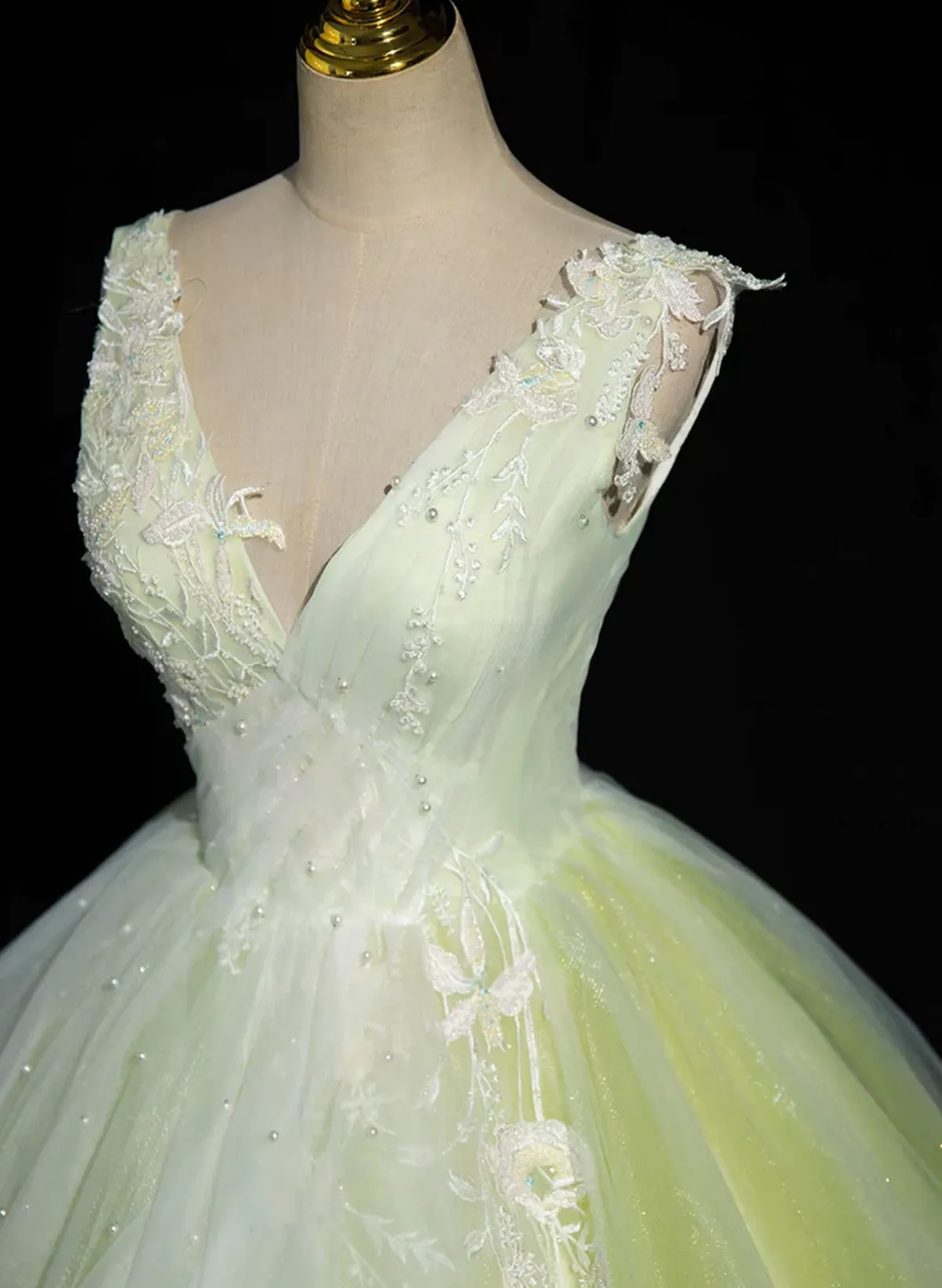 Light Green V-neckline Tulle Sweet 16 Dress, Light Green Long Prom Dress Party Dress