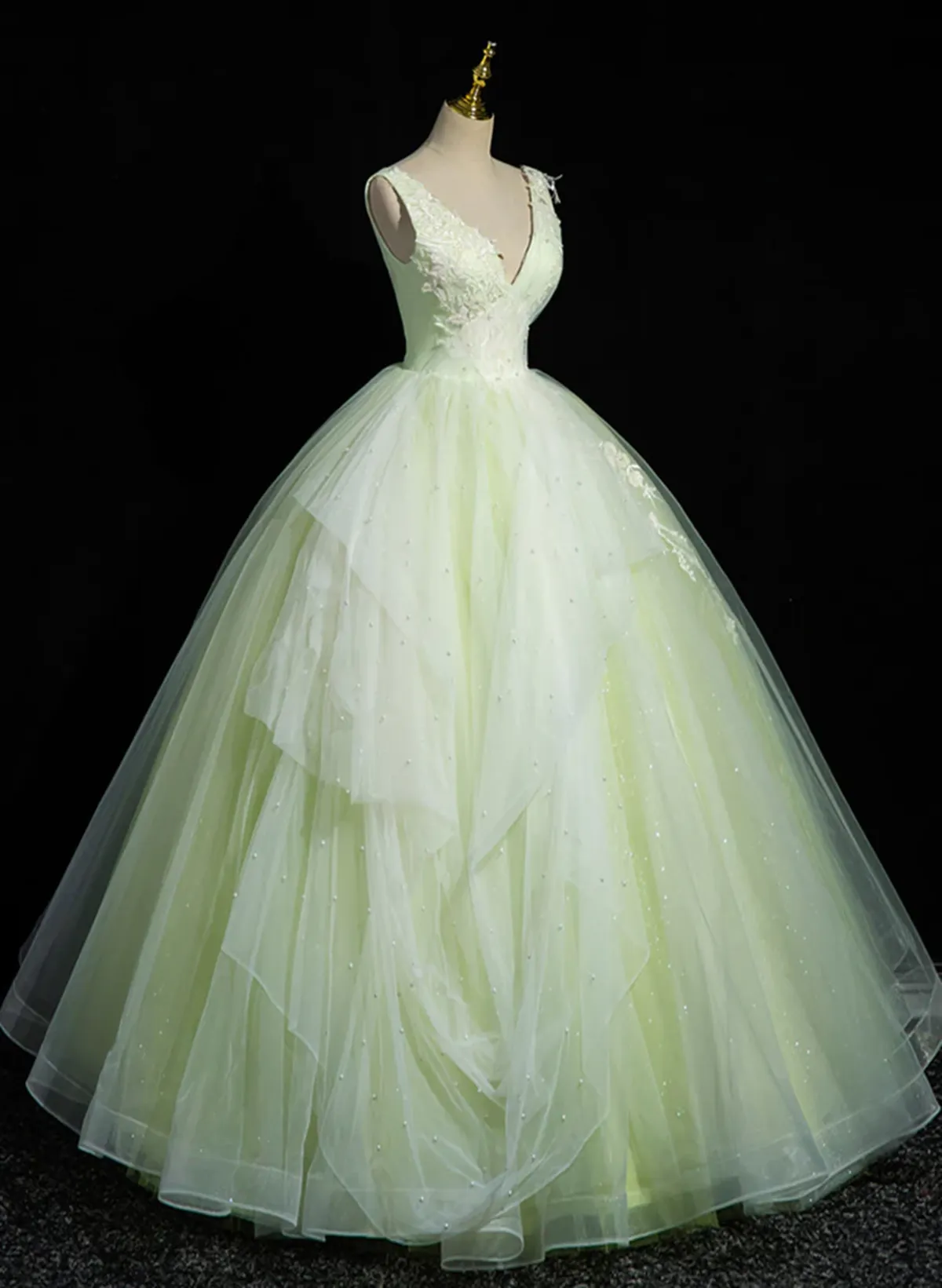 Light Green V-neckline Tulle Sweet 16 Dress, Light Green Long Prom Dress Party Dress