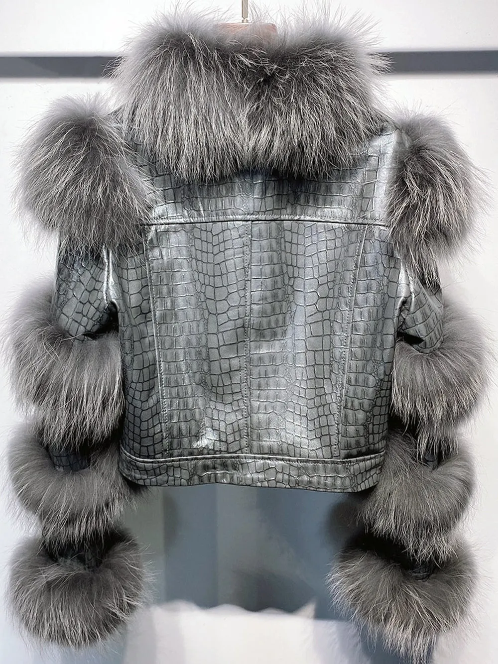 LITALY Fur Trim Leather Jacket in Gray