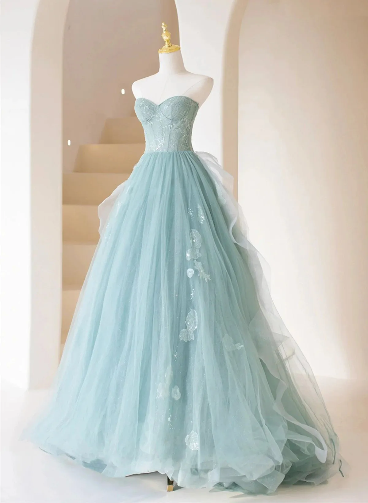 Lovely A-line Tulle Strapless Long Prom Dress, A-Line Tulle Formal Party Dress