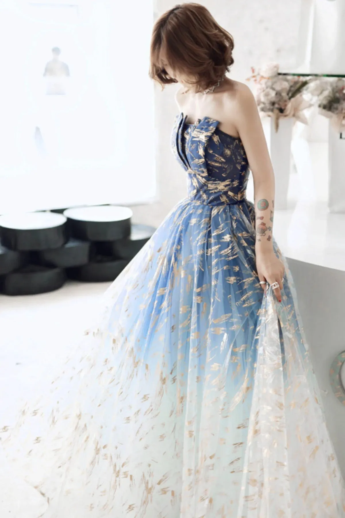 Lovely Blue Graident Tulle Floor Length Party Dress, Blue Tulle Prom Dresses