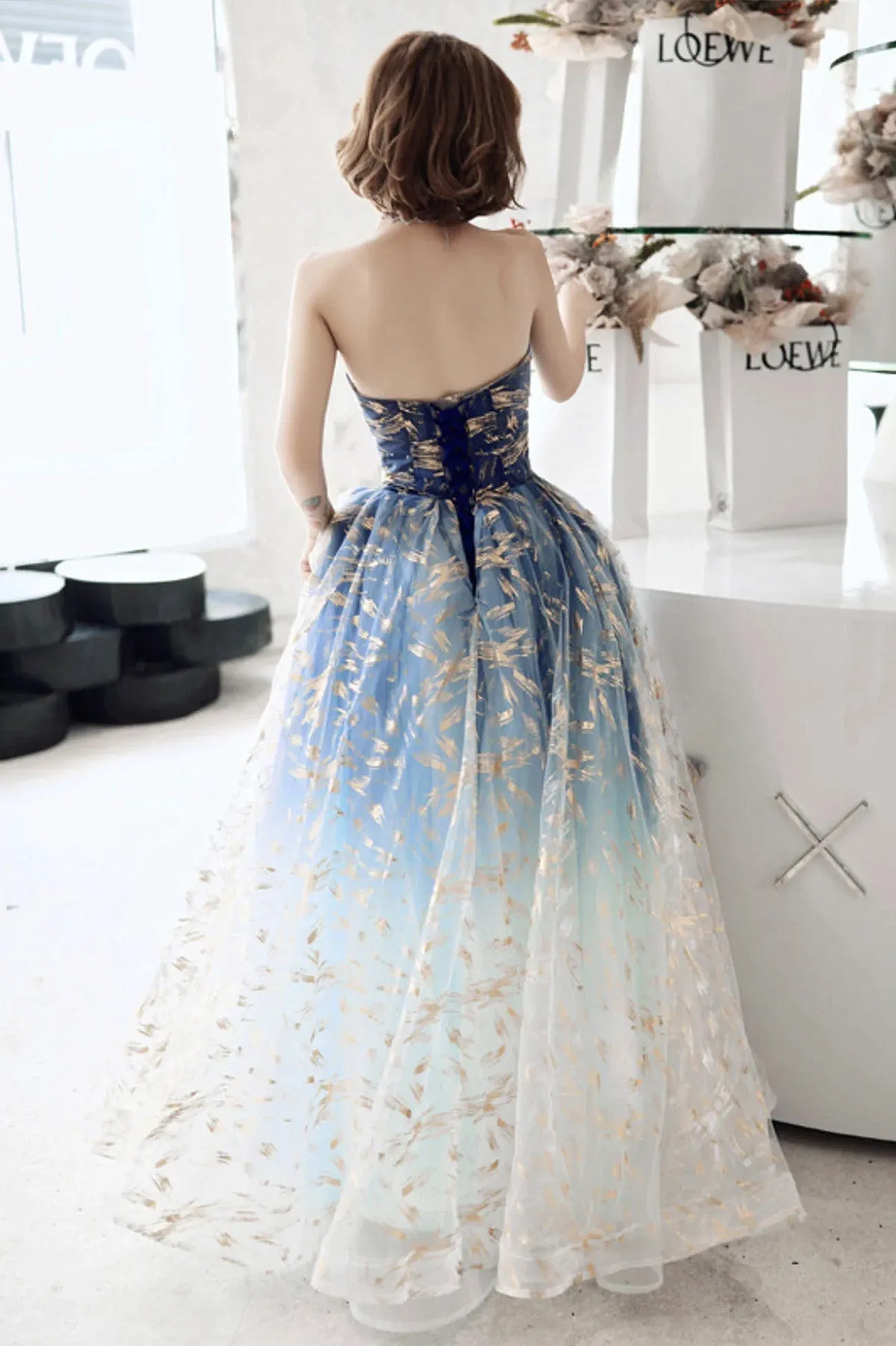 Lovely Blue Graident Tulle Floor Length Party Dress, Blue Tulle Prom Dresses