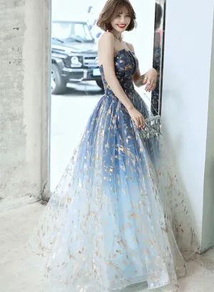 Lovely Blue Graident Tulle Floor Length Party Dress, Blue Tulle Prom Dresses