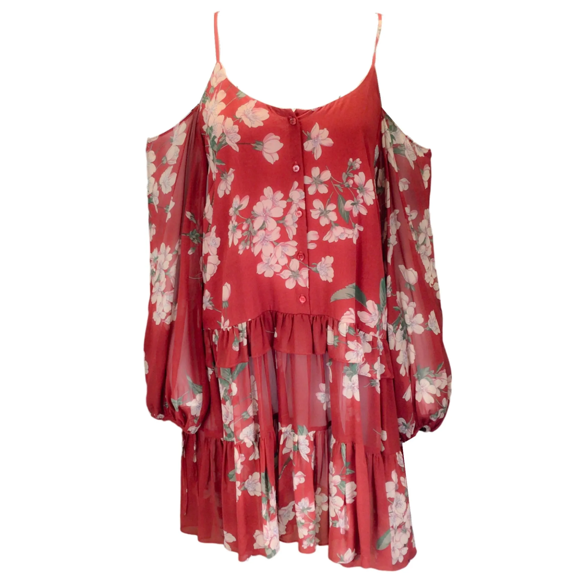 Magda Butrym Red Multi Floral Printed Cold Shoulder Silk Dress