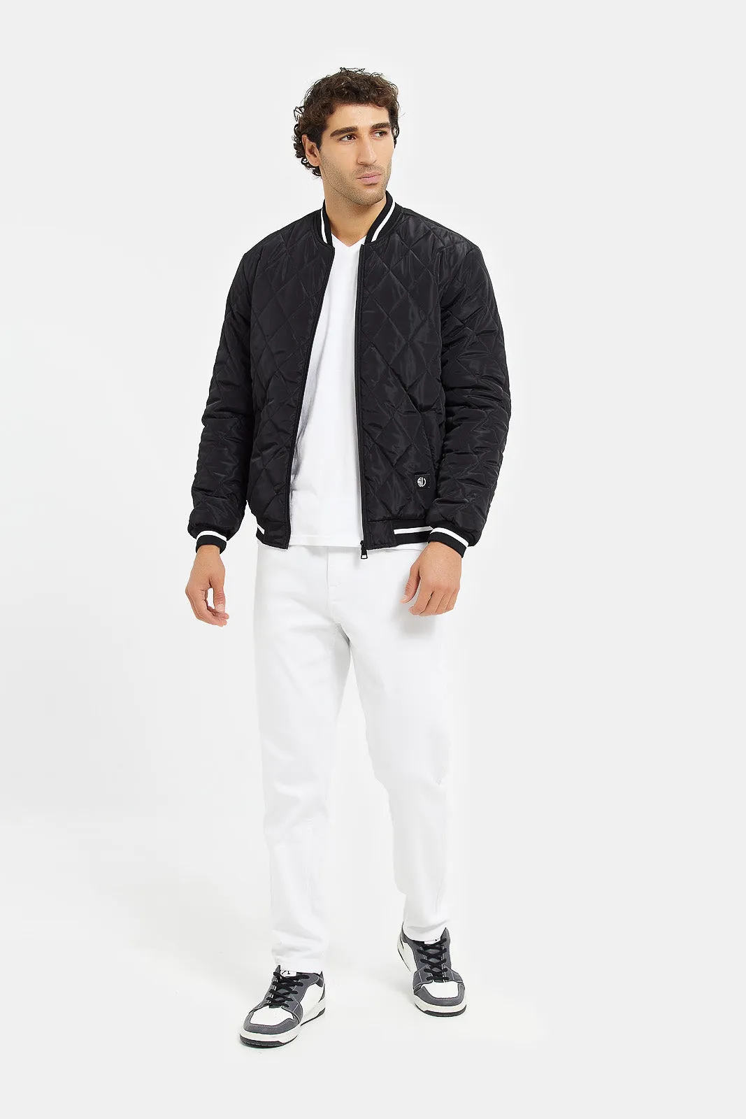 Men Black Quilted Varsity Bomber Jacket