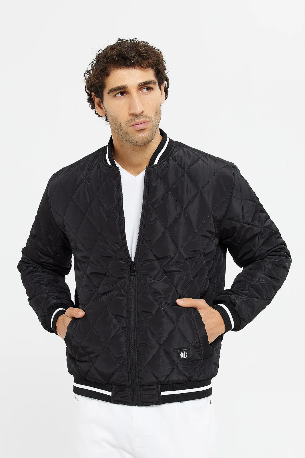 Men Black Quilted Varsity Bomber Jacket