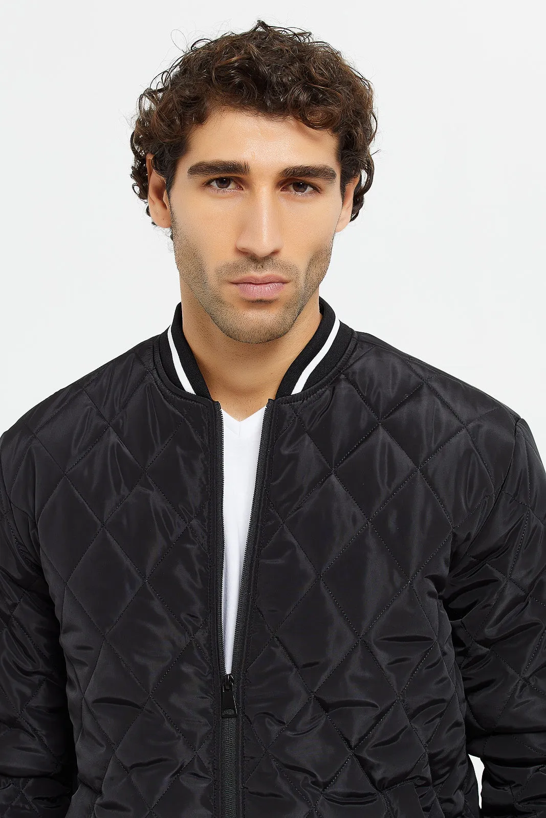 Men Black Quilted Varsity Bomber Jacket