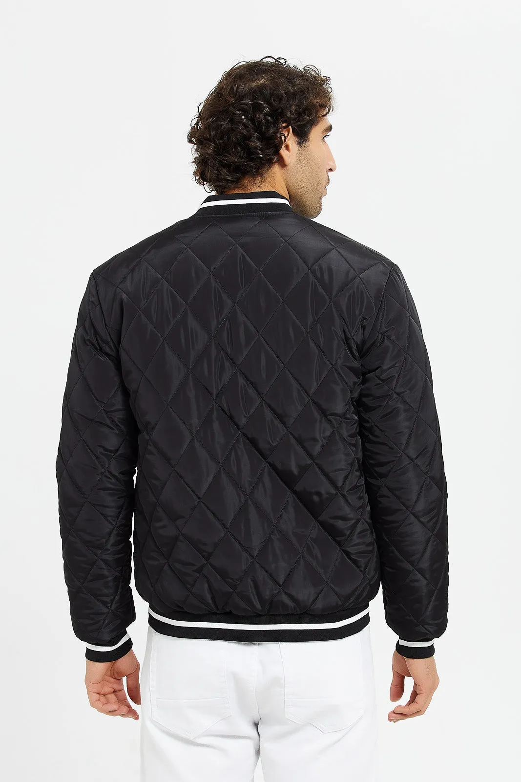 Men Black Quilted Varsity Bomber Jacket