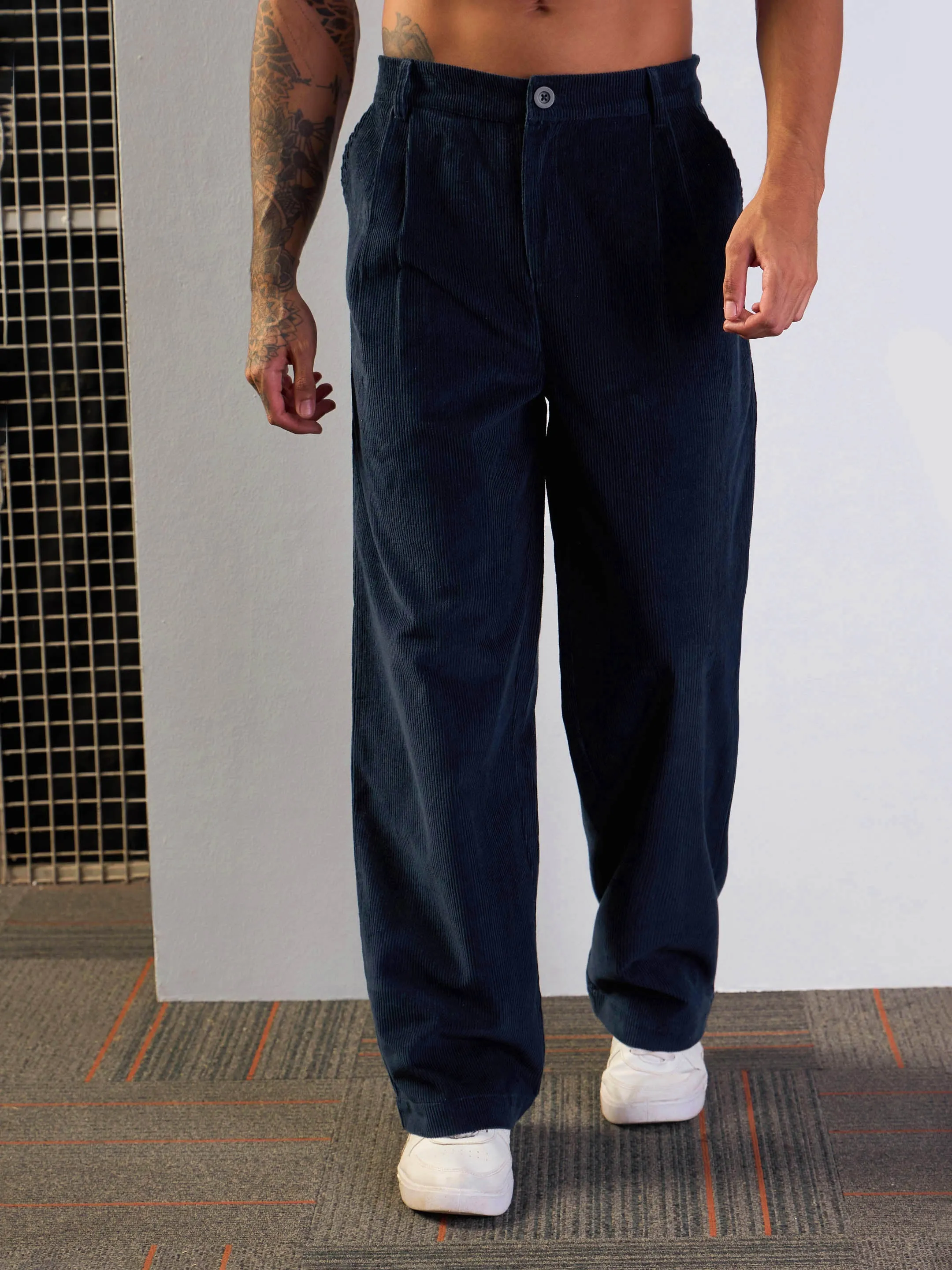 Men Navy Corduroy Front Dart Pants