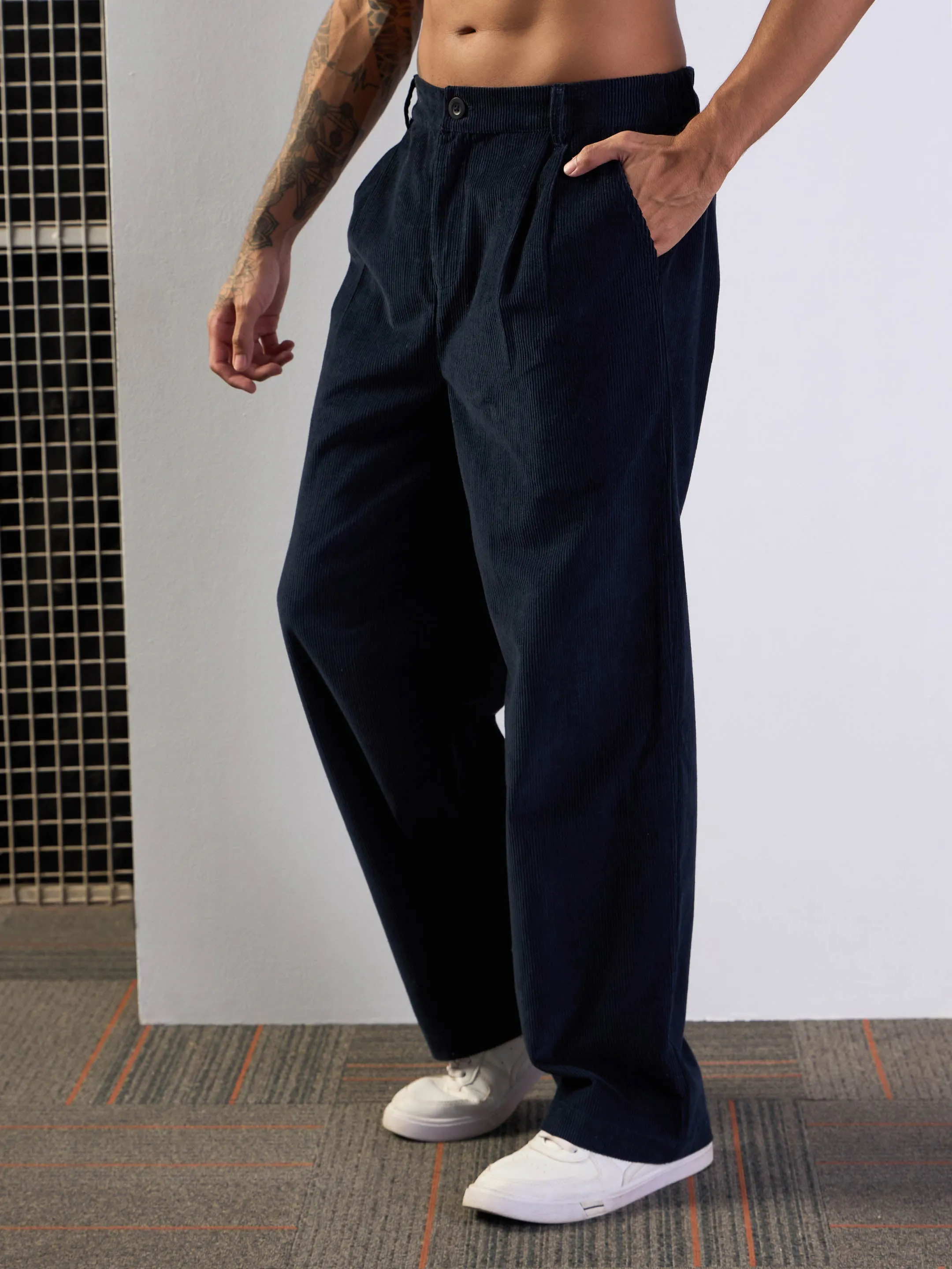 Men Navy Corduroy Front Dart Pants