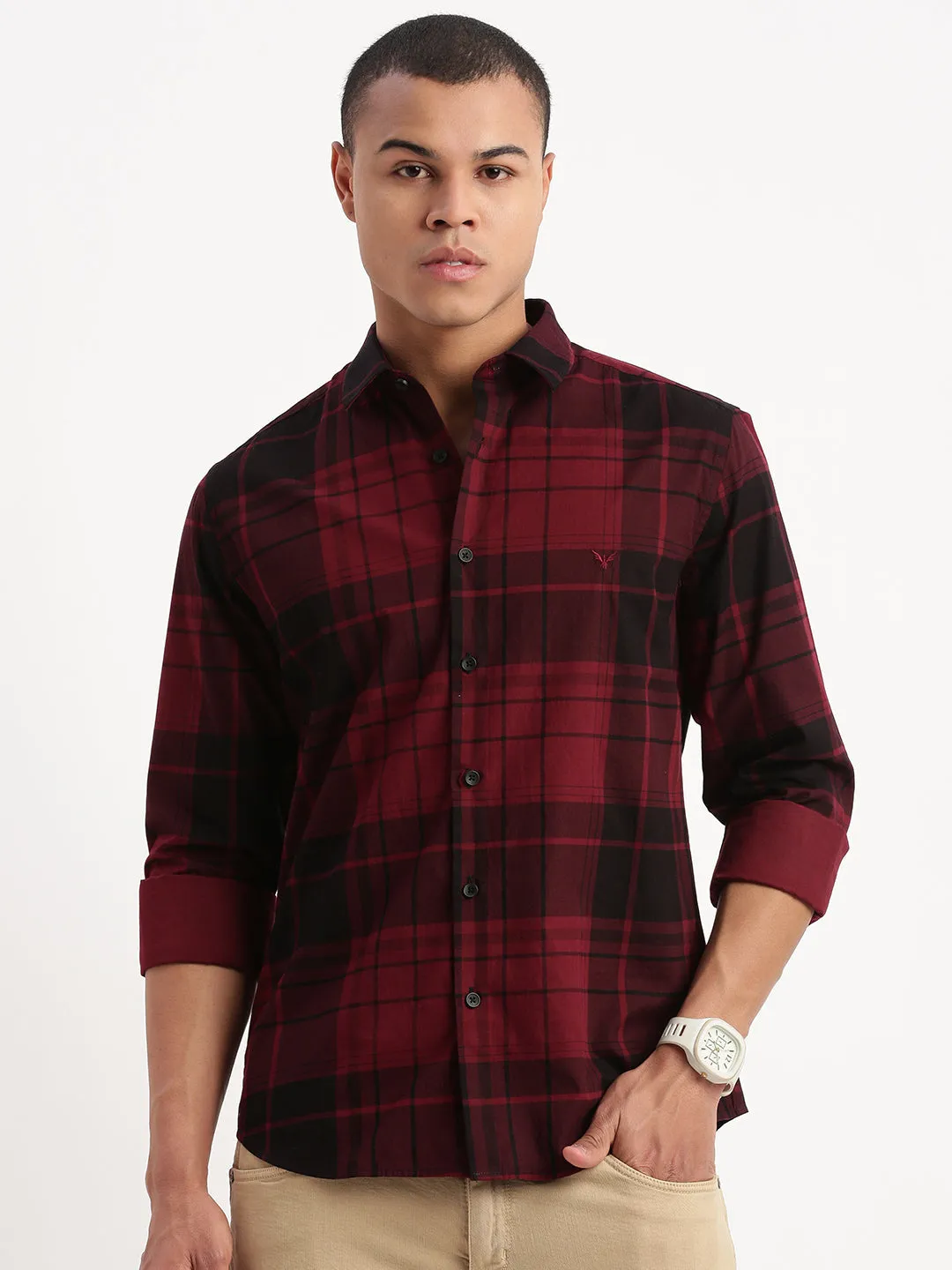 Men Tartan Checks Maroon Shirt